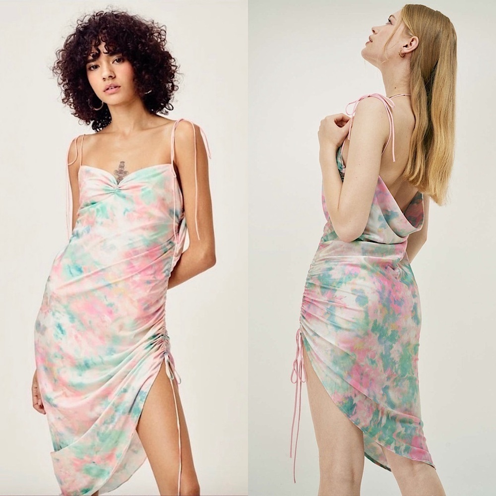 FOR LOVE LEMONS Watercolor Satin Draped Back Asymmetric Ruched Side Slip Dress M
